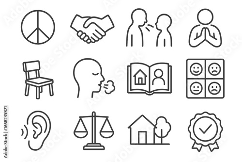 Family Conflict Icons. Outline icon set of conflict resolution in families: peace symbol, handshake icon,