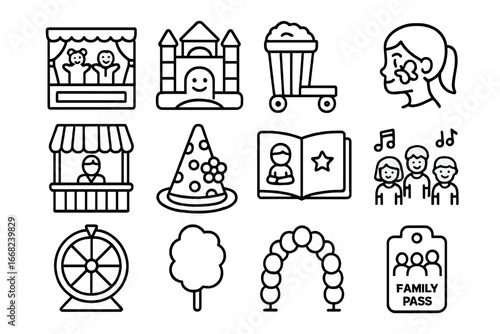 Family Entertainment Icons. Outline icon set of family-friendly entertainment events: puppet show, bounce