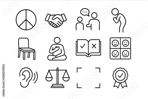 Family Conflict Icons. Outline icon set of conflict resolution in families: peace symbol, handshake icon,