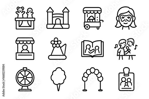 Family Entertainment Icons. Outline icon set of family-friendly entertainment events: puppet show, bounce