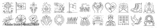 Veterans Day & Memorial Day Vector Icons – Military, Patriotism, USA Flag, Remembrance and Honor Symbols