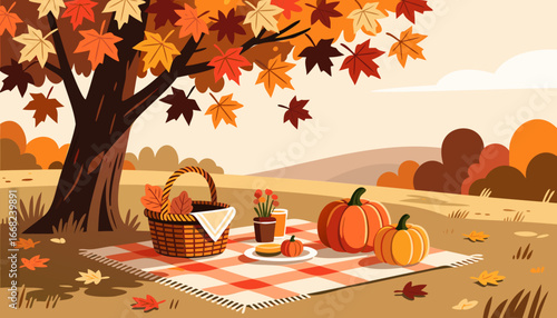 Autumn park alley with trees, lanterns and fallen leaves illustration