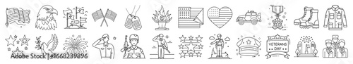 Veterans Day Vector Icon Set – Military, Soldier, USA Flag, Patriotism, Memorial and Remembrance Icons