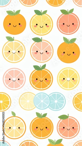 Kawaii oranges and lemon slices with cartoon eyes, leaves as hats, and winking faces 