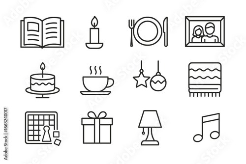 Family Traditions Icons. Outline icon set of creating family traditions: storybook, candle, dinner plate,