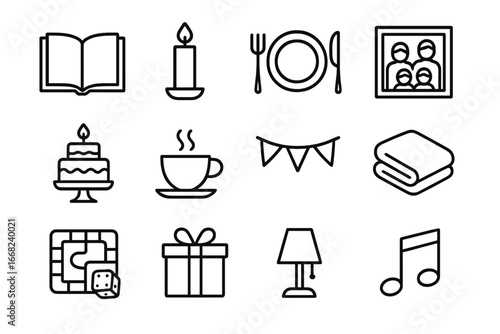 Family Traditions Icons. Outline icon set of creating family traditions: storybook, candle, dinner plate,