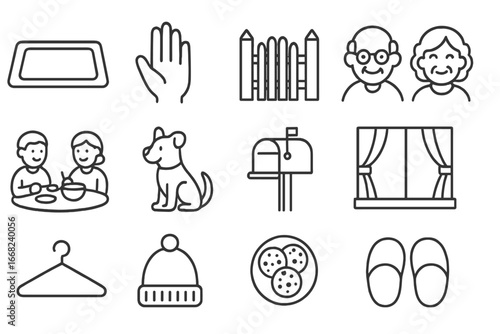 Family Visit Icons. Outline vector icons of visits to grandparents: welcome mat, waving hand, front gate,