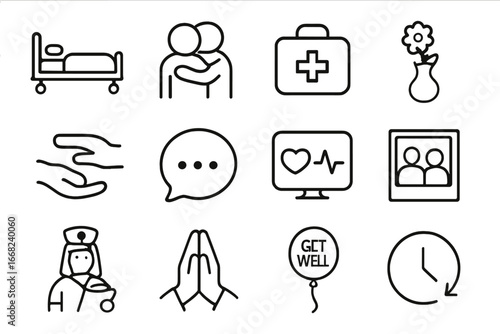 Farewell Hospital Icons. Outline icon set of saying goodbye at hospital: patient bed, farewell hug, medical