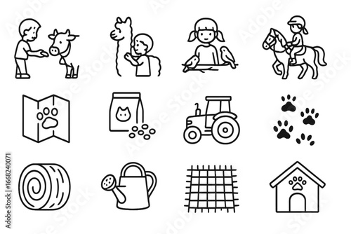Farm and Zoo Icons. Outline icon set of children interacting with farm and zoo animals: child feeding cow,