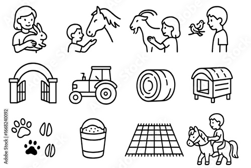 Farm and Zoo Icons. Outline icon set of children and animals at farms and zoos: child holding bunny, feeding