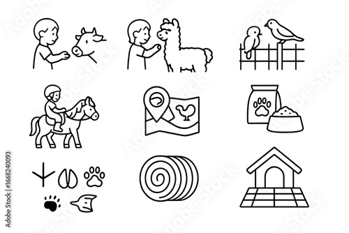 Farm and Zoo Icons. Outline icon set of children interacting with farm and zoo animals: child feeding cow,