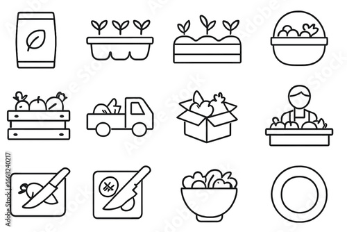 Farm-to-Table Cycle Icons. Outline vector icons of farm-to-table produce cycle: seed packet, seedling tray,