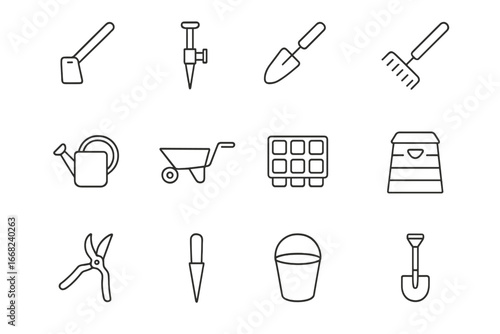 Farming Tools Icons. Outline icon set of small-scale farming tools: hand hoe, seed planter, trowel, rake,