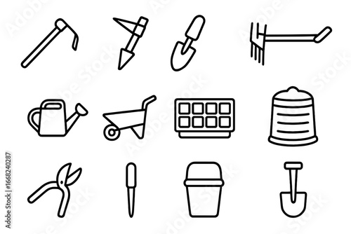 Farming Tools Icons. Outline icon set of small-scale farming tools: hand hoe, seed planter, trowel, rake,