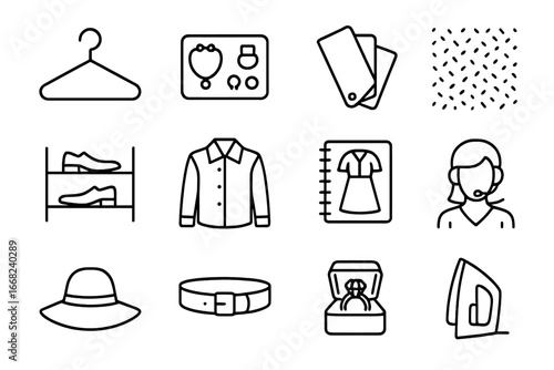 Fashion Icon Set. Outline icon set of fashion styling icons: hanger icon, accessories tray, color swatches,