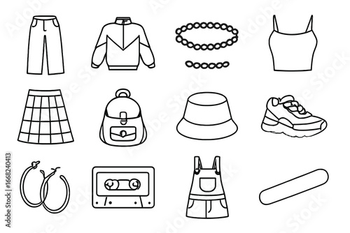 90s Fashion Icons. Outline icon set of 90s retro fashion: baggy jeans, windbreaker, chokers, crop top, plaid