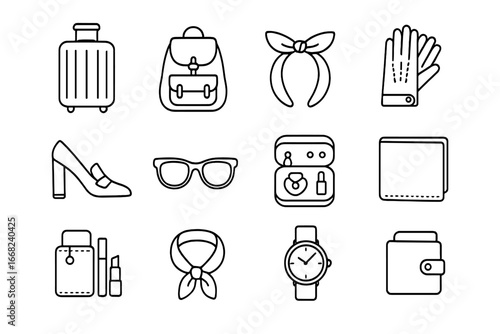 Fashionable Travel Icon Set. Outline icon set of fashionable travel gear: luxury suitcase, designer backpack,