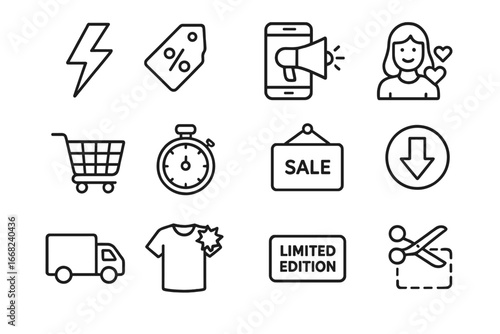 Fast Fashion Icons. Outline icon set of fast fashion marketing tactics: flash sale, discount tag, social media