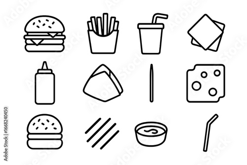 Fast Food Icon Grid. Outline icon set of fast food photography: burger, fries, soda cup, napkins, ketchup