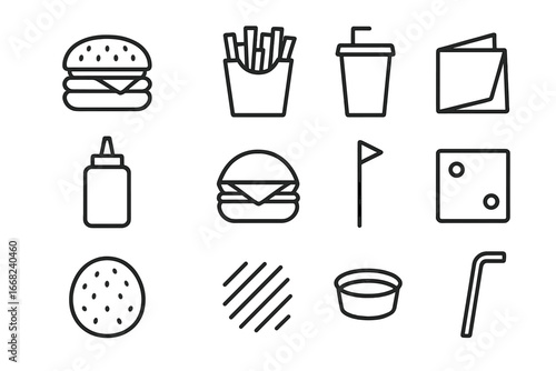 Fast Food Icon Grid. Outline icon set of fast food photography: burger, fries, soda cup, napkins, ketchup