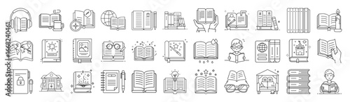 Education and Reading Vector Icon Set – Outline Book and Learning Collection-Vector collection of education and reading icons in modern outline style. Includes books, open book, library, studying.
