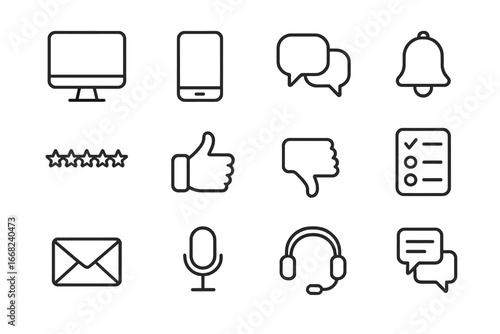 Feedback Icon Set. Outline icon set of online feedback platforms: computer monitor, mobile phone, chat bubbles