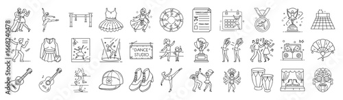 Dance and Ballet Vector Icon Set – Outline Performance and Stage Collection-Vector collection of dance and ballet icons in modern outline style. Includes ballerina, ballet shoes, costumes, music.