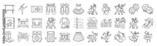 Dance and Ballet Vector Icon Set – Outline Performance and Stage Collection-Vector collection of dance and ballet icons in modern outline style. Includes ballerina, ballet shoes, costumes, music.