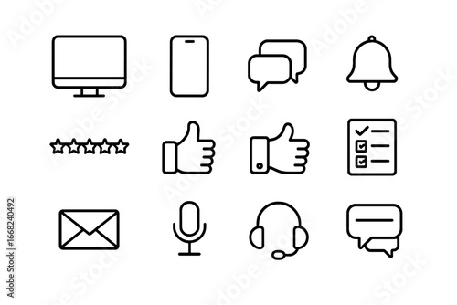 Feedback Icon Set. Outline icon set of online feedback platforms: computer monitor, mobile phone, chat bubbles