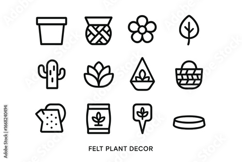 Felt Plant Decor Icons. Outline icon set of felt plant decor: plant pot, vase cover, flower, leaf, cactus,