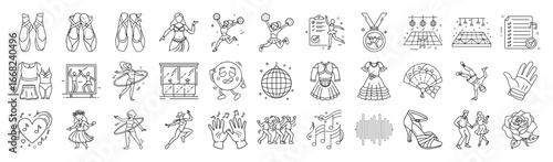 Dance and Ballet Vector Icon Set – Outline Performance and Stage Collection-Vector collection of dance and ballet icons in modern outline style. Includes ballerina, ballet shoes, costumes, music.