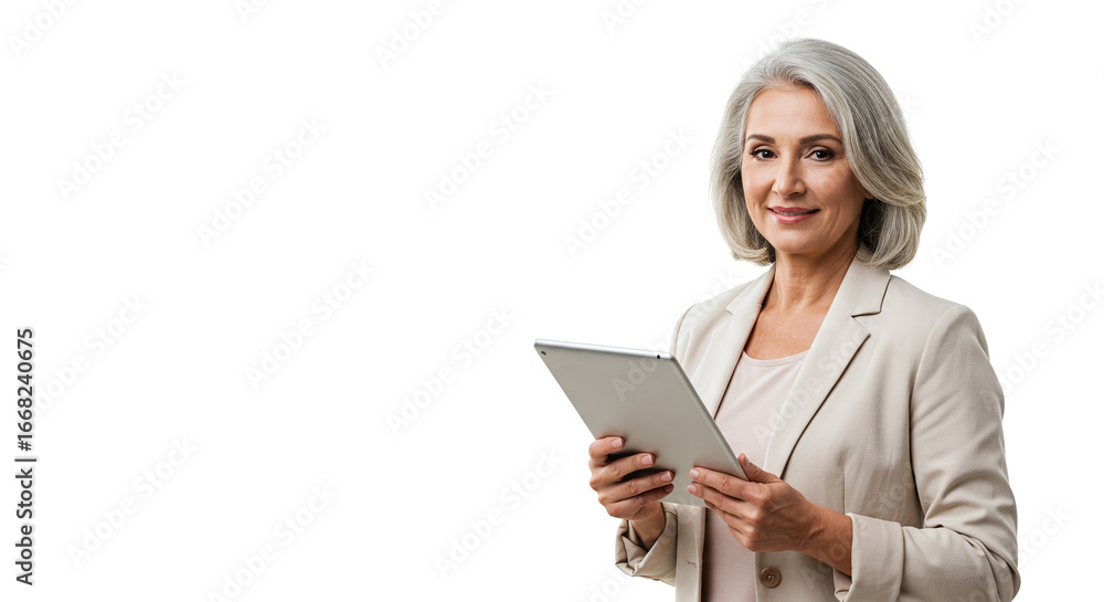 Fototapeta premium Mature woman with gray hair holding a tablet wearing a blazer against a black and white background