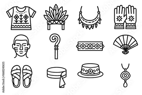 Festival Uniform Icons. Outline icon set of festival and ritual uniforms: embroidered tunics, feather