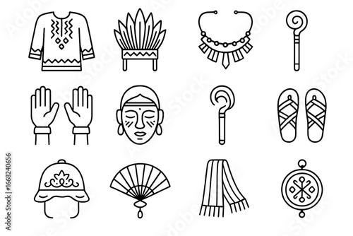 Festival Uniform Icons. Outline icon set of festival and ritual uniforms: embroidered tunics, feather
