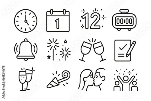 Festive Countdown Icons. Outline icon set of festive countdown celebrations: clock strike, calendar page,