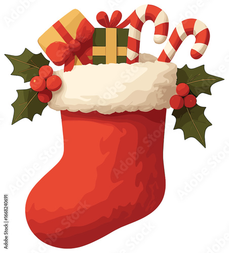 Christmas stocking vector: festive holiday design with candy canes and holly leaves