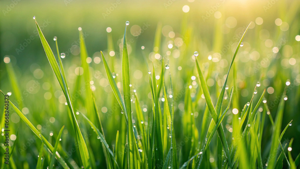 Fototapeta premium Macro Shot of Green Grass Blades with Dew Drops in Morning Sunlight image photo