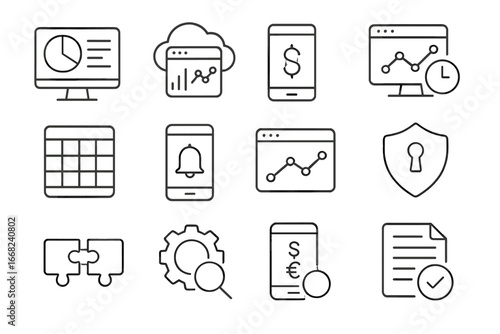 Finance Tool Icons. Outline vector icons of digital tools for finance management: budgeting software, cloud