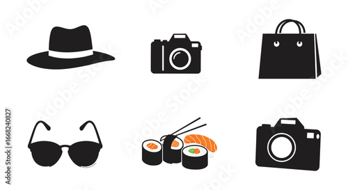 Black icons of travel accessories and food on white background