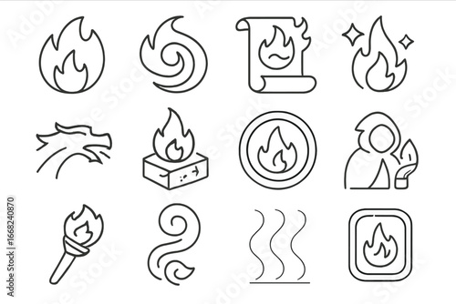 Fire Magic Icons. Outline icon set of fire and flame magic: fireball, flame swirl, burning scroll, ember burst