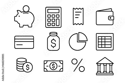 Financial Planning Icons. Outline icon set of financial planning for family and career: piggy bank, calculator