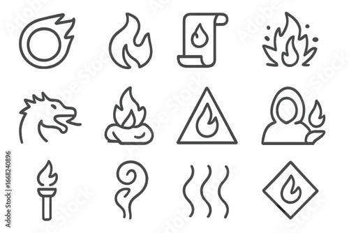 Fire Magic Icons. Outline icon set of fire and flame magic: fireball, flame swirl, burning scroll, ember burst