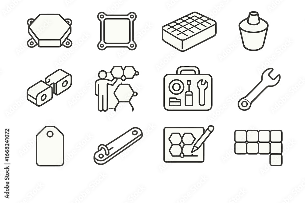 Floating System Icons. Outline vector icons of modular floating systems: hex tile, connector unit, raft