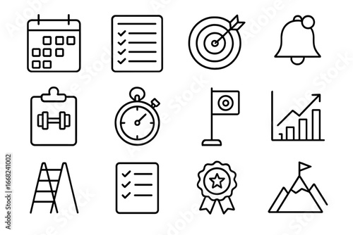 Fitness Planning Icons. Outline icon set of fitness goals and planning: calendar icon, weekly plan, fitness