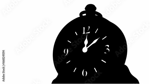 An antique clock silhouette showing one o clock with visible numbers and hands in black and white art