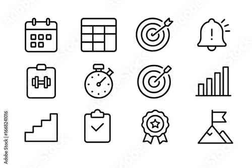 Fitness Planning Icons. Outline icon set of fitness goals and planning: calendar icon, weekly plan, fitness