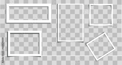 Empty white photo frame. Set realistic photo card frame mockup. Realistic empty photo card frame, film set. Retro vintage photograph with transparent adhesive tape and paper clip.
