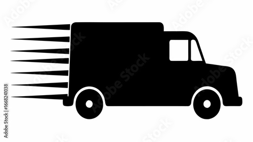 Black silhouette of a delivery truck with motion lines indicating speed and fast transportation service