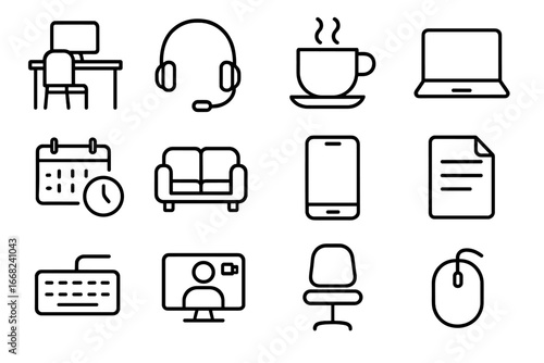 Flexible Work Icons. Outline icon set of flexible work arrangements: home desk, headset, coffee cup, open