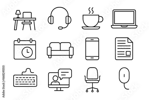Flexible Work Icons. Outline icon set of flexible work arrangements: home desk, headset, coffee cup, open
